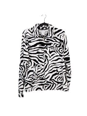 Zebra Print Fleece Jacket XL Womens Full Zip Black White Soft Cozy Collared